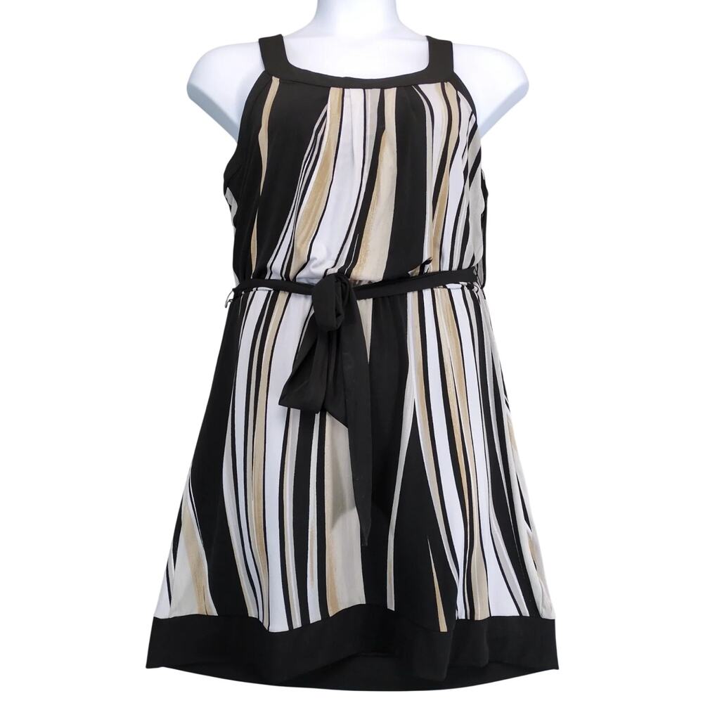 White House Black Market Striped Blouson Sleeveless Mini Dress Sz L Stretch Belt